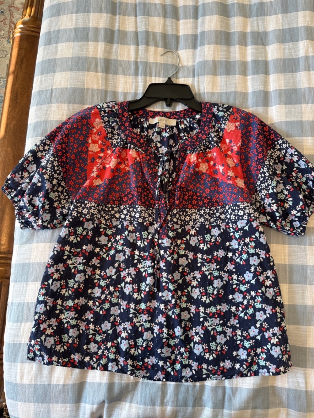 Floral Patchwork Peasant Blouse in Navy and orange